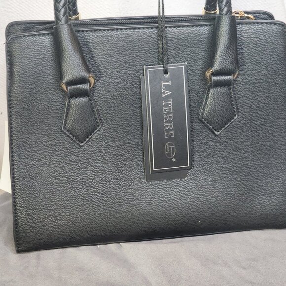 La Terre Black Peta Apprvd Vegan Braided Handle Gold Accent Feet Handbag w/Strap - Picture 4 of 16